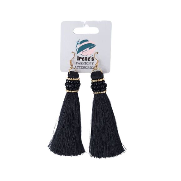 Jewelry - Irenes Earrings Tassel Dangle Beaded Gold Black Tone Hook Long Womens Jewelry